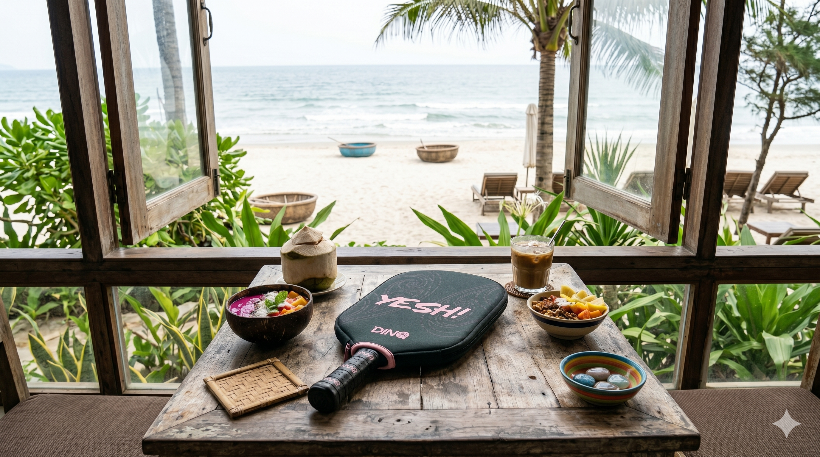 Yesh-branded DINQ premium paddle cover on a beachside table